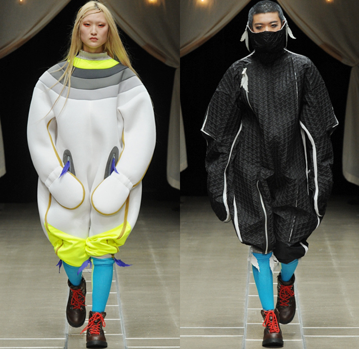 ha-ha 2018-2019 Fall Winter Womens Runway Catwalk Looks - Amazon Fashion Week Tokyo Japan AmazonFWT - Outdoors Camping Oversized Neoprene Onesie Jumpsuit Coveralls Flight Suit Lace Up Leaves Quilted Waffle Puffer Outerwear Field Utility Coat Parka Anorak Plaid Checkerboard Picnic Check Cargo Pockets Nylon Camouflage Plush Fur Shearling Canvas Tweed Drawstring Straps Zipper Corduroy High Waist Pants Spats Spatterdashes Gaiters Leg Warmers Boots