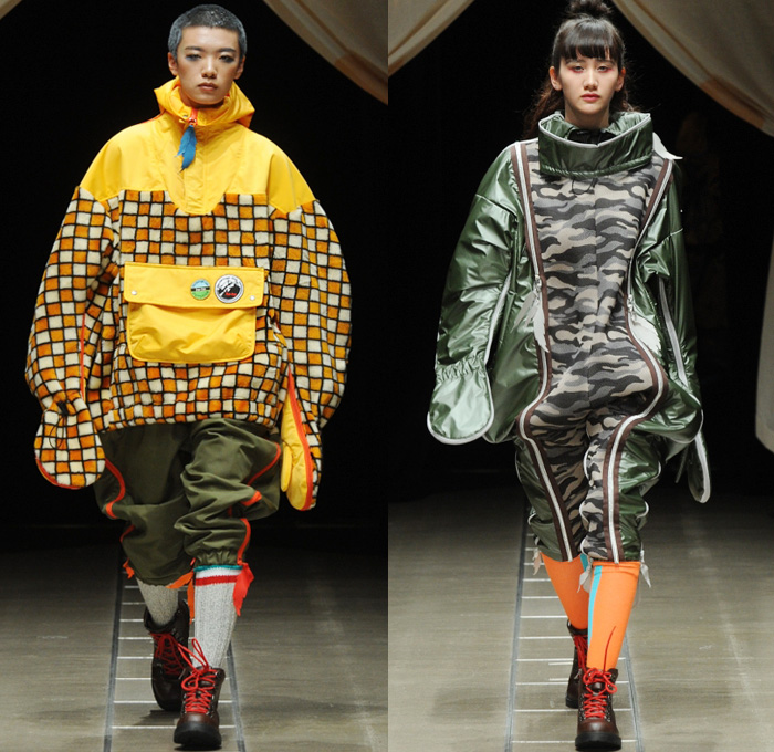 ha-ha 2018-2019 Fall Winter Womens Runway Catwalk Looks - Amazon Fashion Week Tokyo Japan AmazonFWT - Outdoors Camping Oversized Neoprene Onesie Jumpsuit Coveralls Flight Suit Lace Up Leaves Quilted Waffle Puffer Outerwear Field Utility Coat Parka Anorak Plaid Checkerboard Picnic Check Cargo Pockets Nylon Camouflage Plush Fur Shearling Canvas Tweed Drawstring Straps Zipper Corduroy High Waist Pants Spats Spatterdashes Gaiters Leg Warmers Boots