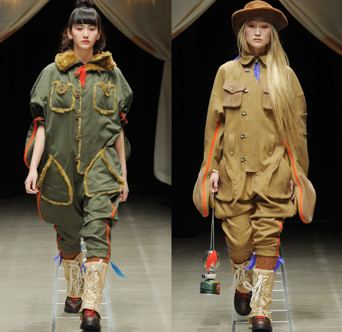 ha-ha 2018-2019 Fall Winter Womens Runway Catwalk Looks - Amazon Fashion Week Tokyo Japan AmazonFWT - Outdoors Camping Oversized Neoprene Onesie Jumpsuit Coveralls Flight Suit Lace Up Leaves Quilted Waffle Puffer Outerwear Field Utility Coat Parka Anorak Plaid Checkerboard Picnic Check Cargo Pockets Nylon Camouflage Plush Fur Shearling Canvas Tweed Drawstring Straps Zipper Corduroy High Waist Pants Spats Spatterdashes Gaiters Leg Warmers Boots