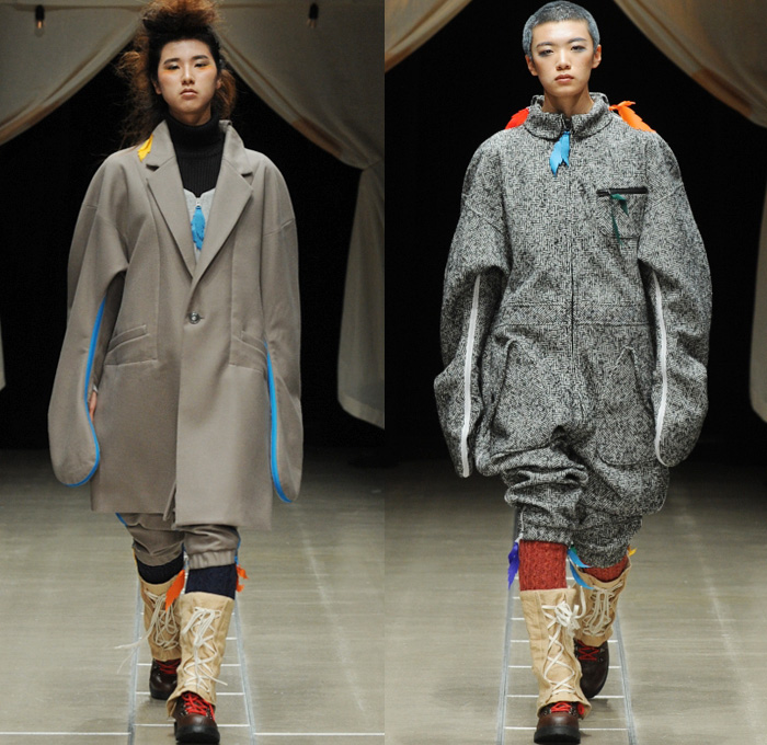 ha-ha 2018-2019 Fall Winter Womens Runway Catwalk Looks - Amazon Fashion Week Tokyo Japan AmazonFWT - Outdoors Camping Oversized Neoprene Onesie Jumpsuit Coveralls Flight Suit Lace Up Leaves Quilted Waffle Puffer Outerwear Field Utility Coat Parka Anorak Plaid Checkerboard Picnic Check Cargo Pockets Nylon Camouflage Plush Fur Shearling Canvas Tweed Drawstring Straps Zipper Corduroy High Waist Pants Spats Spatterdashes Gaiters Leg Warmers Boots