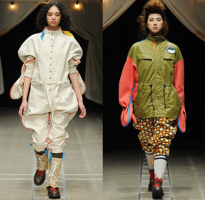 ha-ha 2018-2019 Fall Winter Womens Runway Catwalk Looks - Amazon Fashion Week Tokyo Japan AmazonFWT - Outdoors Camping Oversized Neoprene Onesie Jumpsuit Coveralls Flight Suit Lace Up Leaves Quilted Waffle Puffer Outerwear Field Utility Coat Parka Anorak Plaid Checkerboard Picnic Check Cargo Pockets Nylon Camouflage Plush Fur Shearling Canvas Tweed Drawstring Straps Zipper Corduroy High Waist Pants Spats Spatterdashes Gaiters Leg Warmers Boots
