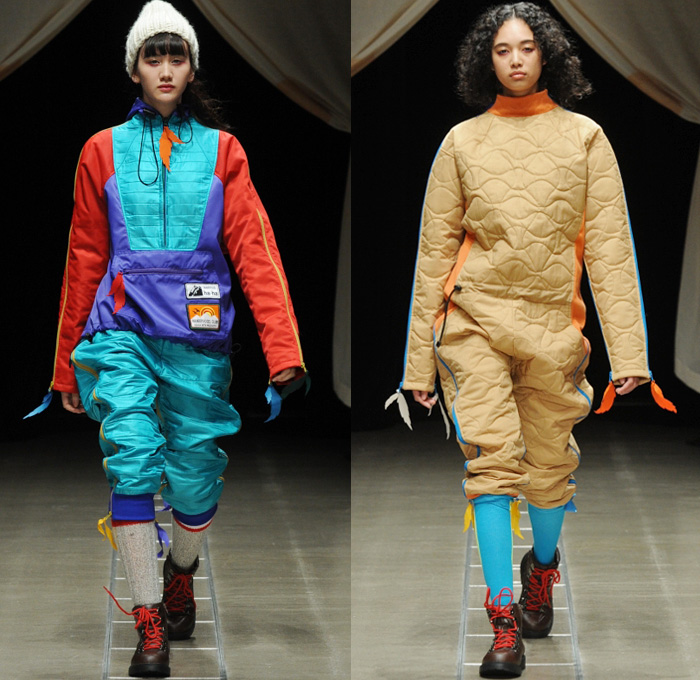 ha-ha 2018-2019 Fall Winter Womens Runway Catwalk Looks - Amazon Fashion Week Tokyo Japan AmazonFWT - Outdoors Camping Oversized Neoprene Onesie Jumpsuit Coveralls Flight Suit Lace Up Leaves Quilted Waffle Puffer Outerwear Field Utility Coat Parka Anorak Plaid Checkerboard Picnic Check Cargo Pockets Nylon Camouflage Plush Fur Shearling Canvas Tweed Drawstring Straps Zipper Corduroy High Waist Pants Spats Spatterdashes Gaiters Leg Warmers Boots