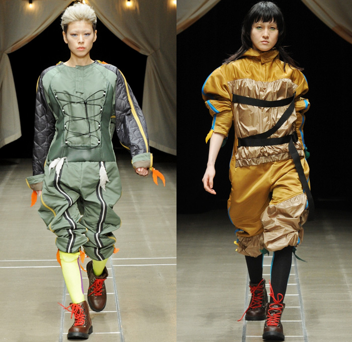 ha-ha 2018-2019 Fall Winter Womens Runway Catwalk Looks - Amazon Fashion Week Tokyo Japan AmazonFWT - Outdoors Camping Oversized Neoprene Onesie Jumpsuit Coveralls Flight Suit Lace Up Leaves Quilted Waffle Puffer Outerwear Field Utility Coat Parka Anorak Plaid Checkerboard Picnic Check Cargo Pockets Nylon Camouflage Plush Fur Shearling Canvas Tweed Drawstring Straps Zipper Corduroy High Waist Pants Spats Spatterdashes Gaiters Leg Warmers Boots