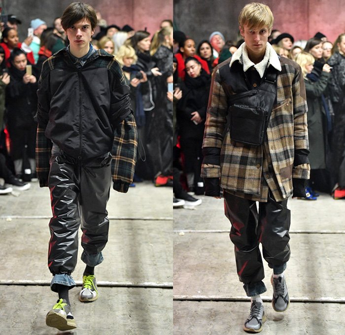 Han Kjøbenhavn 2018-2019 Fall Autumn Winter Mens Runway Catwalk Looks - Copenhagen Fashion Week Denmark CPHFW København - Double Denim Patchwork Jeans Frayed Overcoat Parka Anorak Plush Fur Shearling Peacoat Hoodie Quilted Waffle Puffer Wide Pointed Lapel Raincoat Plastic Cinch Drawstring Wool Flat Front Pants Plaid Tartan Check Nylon Cargo Pockets Jogger Straps Belts Buckles Fanny Pack Waist Pouch Belt Bum Bag Bag Satchel Cowboy Boots