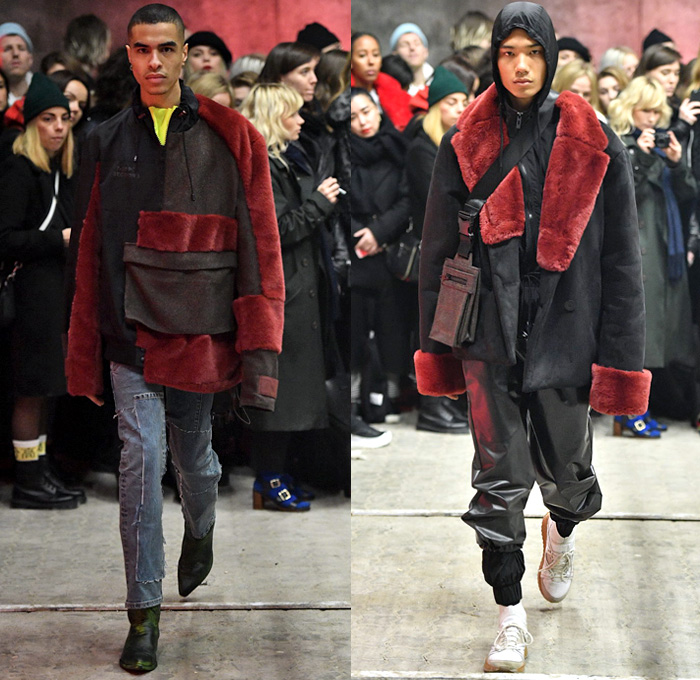 Han Kjøbenhavn 2018-2019 Fall Autumn Winter Mens Runway Catwalk Looks - Copenhagen Fashion Week Denmark CPHFW København - Double Denim Patchwork Jeans Frayed Overcoat Parka Anorak Plush Fur Shearling Peacoat Hoodie Quilted Waffle Puffer Wide Pointed Lapel Raincoat Plastic Cinch Drawstring Wool Flat Front Pants Plaid Tartan Check Nylon Cargo Pockets Jogger Straps Belts Buckles Fanny Pack Waist Pouch Belt Bum Bag Bag Satchel Cowboy Boots