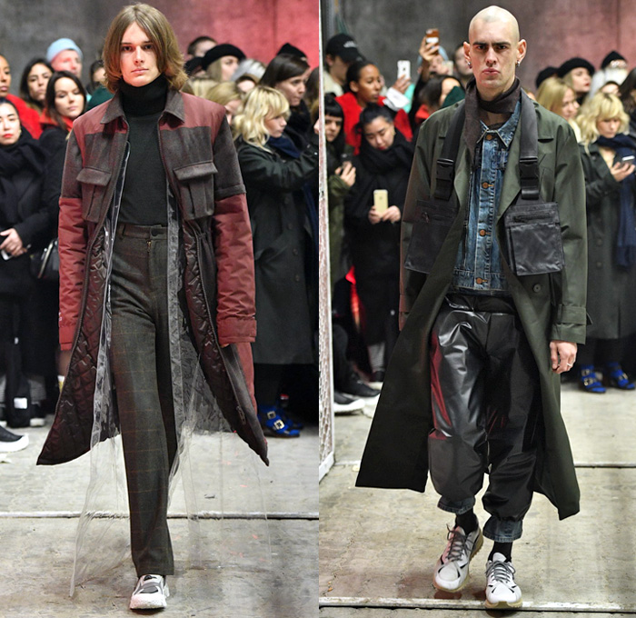 Han Kjøbenhavn 2018-2019 Fall Autumn Winter Mens Runway Catwalk Looks - Copenhagen Fashion Week Denmark CPHFW København - Double Denim Patchwork Jeans Frayed Overcoat Parka Anorak Plush Fur Shearling Peacoat Hoodie Quilted Waffle Puffer Wide Pointed Lapel Raincoat Plastic Cinch Drawstring Wool Flat Front Pants Plaid Tartan Check Nylon Cargo Pockets Jogger Straps Belts Buckles Fanny Pack Waist Pouch Belt Bum Bag Bag Satchel Cowboy Boots