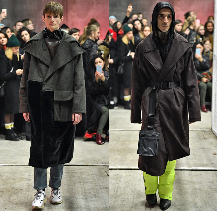 Han Kjøbenhavn 2018-2019 Fall Autumn Winter Mens Runway Catwalk Looks - Copenhagen Fashion Week Denmark CPHFW København - Double Denim Patchwork Jeans Frayed Overcoat Parka Anorak Plush Fur Shearling Peacoat Hoodie Quilted Waffle Puffer Wide Pointed Lapel Raincoat Plastic Cinch Drawstring Wool Flat Front Pants Plaid Tartan Check Nylon Cargo Pockets Jogger Straps Belts Buckles Fanny Pack Waist Pouch Belt Bum Bag Bag Satchel Cowboy Boots