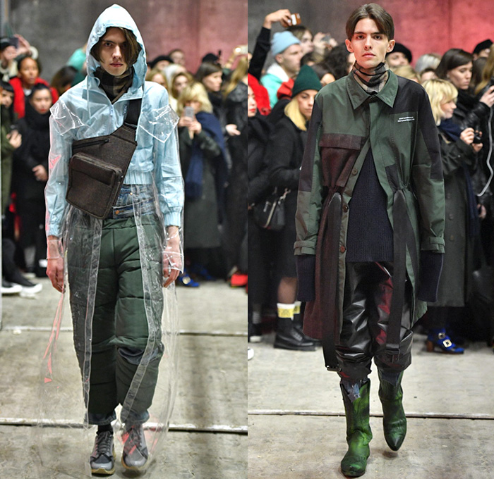 Han Kjøbenhavn 2018-2019 Fall Autumn Winter Mens Runway Catwalk Looks - Copenhagen Fashion Week Denmark CPHFW København - Double Denim Patchwork Jeans Frayed Overcoat Parka Anorak Plush Fur Shearling Peacoat Hoodie Quilted Waffle Puffer Wide Pointed Lapel Raincoat Plastic Cinch Drawstring Wool Flat Front Pants Plaid Tartan Check Nylon Cargo Pockets Jogger Straps Belts Buckles Fanny Pack Waist Pouch Belt Bum Bag Bag Satchel Cowboy Boots