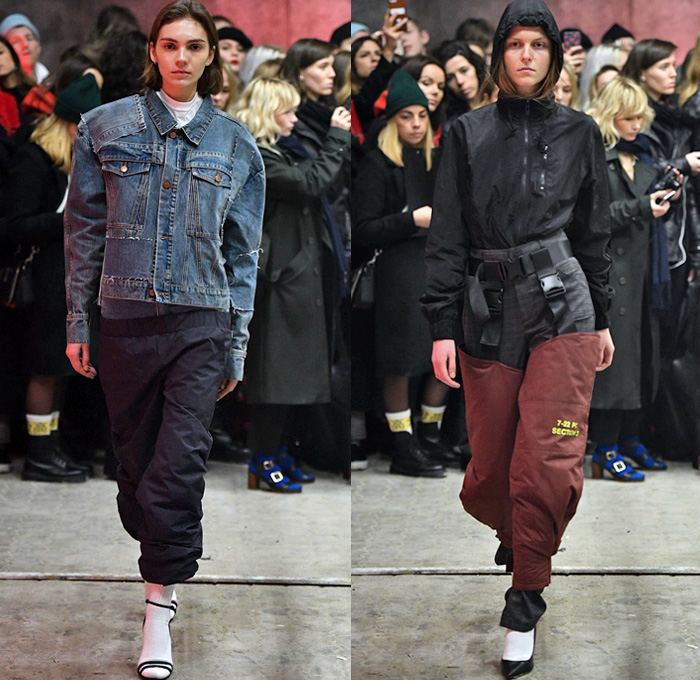 Han Kjøbenhavn 2018-2019 Fall Autumn Winter Womens Runway Catwalk Looks - Copenhagen Fashion Week Denmark CPHFW København - Denim Jeans Jacket Frayed Patchwork Outerwear Coat Parka Windbreaker Quilted Waffle Puffer Cargo Pockets Strapless Long Sleeve Blouse Shirt Nylon Plaid Tartan Check Jogger Sweatpants Straps Belts Clip On Cinch Drawstring Buckle Chaps Workwear Mud Pants Pinafore Dress Maxi Dress Onesie Socks With Heels Fanny Pack Waist Pouch Belt Bum Bag Zippers Detachable Panels