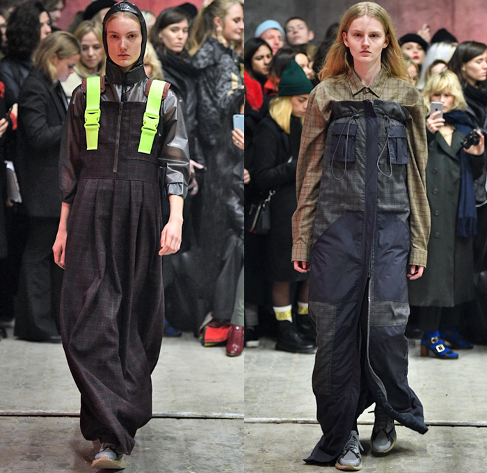 Han Kjøbenhavn 2018-2019 Fall Autumn Winter Womens Runway Catwalk Looks - Copenhagen Fashion Week Denmark CPHFW København - Denim Jeans Jacket Frayed Patchwork Outerwear Coat Parka Windbreaker Quilted Waffle Puffer Cargo Pockets Strapless Long Sleeve Blouse Shirt Nylon Plaid Tartan Check Jogger Sweatpants Straps Belts Clip On Cinch Drawstring Buckle Chaps Workwear Mud Pants Pinafore Dress Maxi Dress Onesie Socks With Heels Fanny Pack Waist Pouch Belt Bum Bag Zippers Detachable Panels