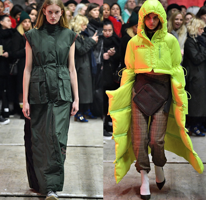 Han Kjøbenhavn 2018-2019 Fall Autumn Winter Womens Runway Catwalk Looks - Copenhagen Fashion Week Denmark CPHFW København - Denim Jeans Jacket Frayed Patchwork Outerwear Coat Parka Windbreaker Quilted Waffle Puffer Cargo Pockets Strapless Long Sleeve Blouse Shirt Nylon Plaid Tartan Check Jogger Sweatpants Straps Belts Clip On Cinch Drawstring Buckle Chaps Workwear Mud Pants Pinafore Dress Maxi Dress Onesie Socks With Heels Fanny Pack Waist Pouch Belt Bum Bag Zippers Detachable Panels