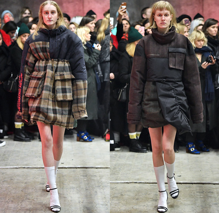 Han Kjøbenhavn 2018-2019 Fall Autumn Winter Womens Runway Catwalk Looks - Copenhagen Fashion Week Denmark CPHFW København - Denim Jeans Jacket Frayed Patchwork Outerwear Coat Parka Windbreaker Quilted Waffle Puffer Cargo Pockets Strapless Long Sleeve Blouse Shirt Nylon Plaid Tartan Check Jogger Sweatpants Straps Belts Clip On Cinch Drawstring Buckle Chaps Workwear Mud Pants Pinafore Dress Maxi Dress Onesie Socks With Heels Fanny Pack Waist Pouch Belt Bum Bag Zippers Detachable Panels