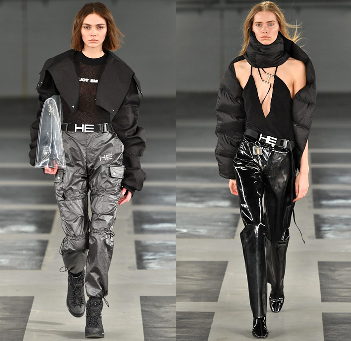 Heliot Emil 2018-2019 Fall Autumn Winter Womens Runway Catwalk Looks - Copenhagen Fashion Week Denmark CPHFW København - Outerwear Coat Parka Goose Down Jacket Quilted Puffer Noodle Strap Blouse Shirt Vest One Shoulder Knit Sweater Jumper Frayed Destroyed Metallic Grey PVC Vinyl Pleather Padlock Straps Belts Waistband Sheer Chiffon Half Panel Split Hybrid Utility Pockets Cargo Cinch Pants Maxi Dress Detachable Hoodie Plastic Envelope Fanny Pack Waist Pouch Belt Bag Tote Boots Trainers