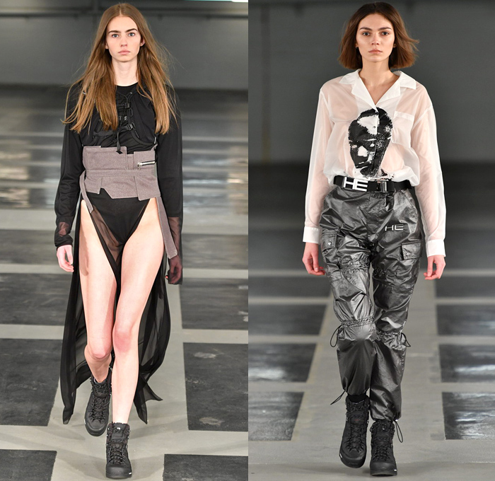 Heliot Emil 2018-2019 Fall Autumn Winter Womens Runway Catwalk Looks - Copenhagen Fashion Week Denmark CPHFW København - Outerwear Coat Parka Goose Down Jacket Quilted Puffer Noodle Strap Blouse Shirt Vest One Shoulder Knit Sweater Jumper Frayed Destroyed Metallic Grey PVC Vinyl Pleather Padlock Straps Belts Waistband Sheer Chiffon Half Panel Split Hybrid Utility Pockets Cargo Cinch Pants Maxi Dress Detachable Hoodie Plastic Envelope Fanny Pack Waist Pouch Belt Bag Tote Boots Trainers