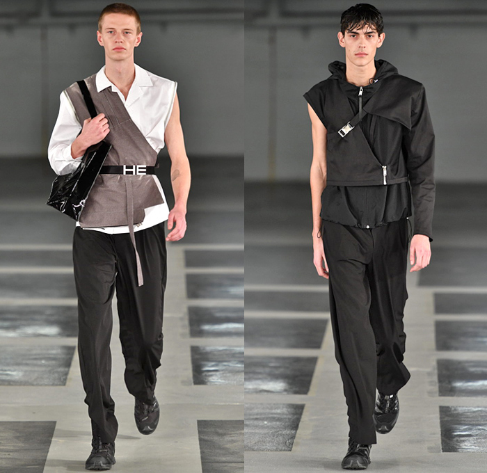 Heliot Emil 2018-2019 Fall Autumn Winter Mens Runway Catwalk Looks - Copenhagen Fashion Week Denmark CPHFW København - Outerwear Coat Parka Goose Down Jacket Quilted Puffer Noodle Strap Blouse Shirt Vest One Shoulder Knit Sweater Jumper Frayed Destroyed Metallic Grey PVC Vinyl Pleather Padlock Straps Belts Waistband Sheer Chiffon Half Panel Split Hybrid Utility Pockets Cargo Cinch Pants Maxi Dress Detachable Hoodie Plastic Envelope Fanny Pack Waist Pouch Belt Bag Tote Boots Trainers