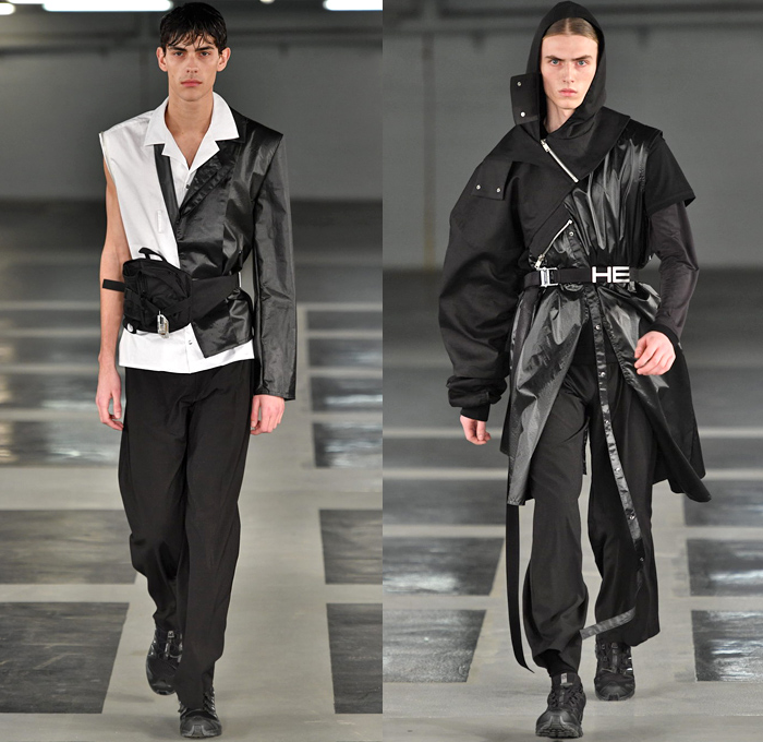 Heliot Emil 2018-2019 Fall Autumn Winter Mens Runway Catwalk Looks - Copenhagen Fashion Week Denmark CPHFW København - Outerwear Coat Parka Goose Down Jacket Quilted Puffer Noodle Strap Blouse Shirt Vest One Shoulder Knit Sweater Jumper Frayed Destroyed Metallic Grey PVC Vinyl Pleather Padlock Straps Belts Waistband Sheer Chiffon Half Panel Split Hybrid Utility Pockets Cargo Cinch Pants Maxi Dress Detachable Hoodie Plastic Envelope Fanny Pack Waist Pouch Belt Bag Tote Boots Trainers