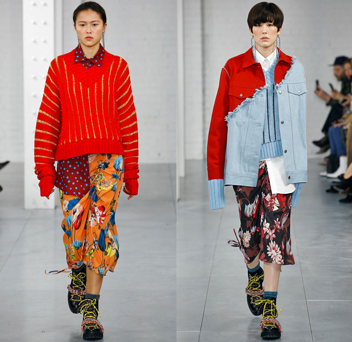 House of Holland 2018-2019 Fall Autumn Winter Womens Runway Catwalk Looks - London Fashion Week Collections UK - Denim Jeans Half Split Hybrid Combo Panel Zippers Cutout Shoulders Frayed Outerwear Parka Quilted Puffer Down Bubble Coat Pantsuit Knit Sweater Stripes Polka Dots Flowers Floral Cinch Pleats Fringes Tie Up Rope Waist Paint Brushstroke Plaid Tartan Check Camouflage Asymmetrical Hem Dress Miniskirt Wide Leg Boots Varsity Scarf Clutch Purse Loafers Baseball Cap