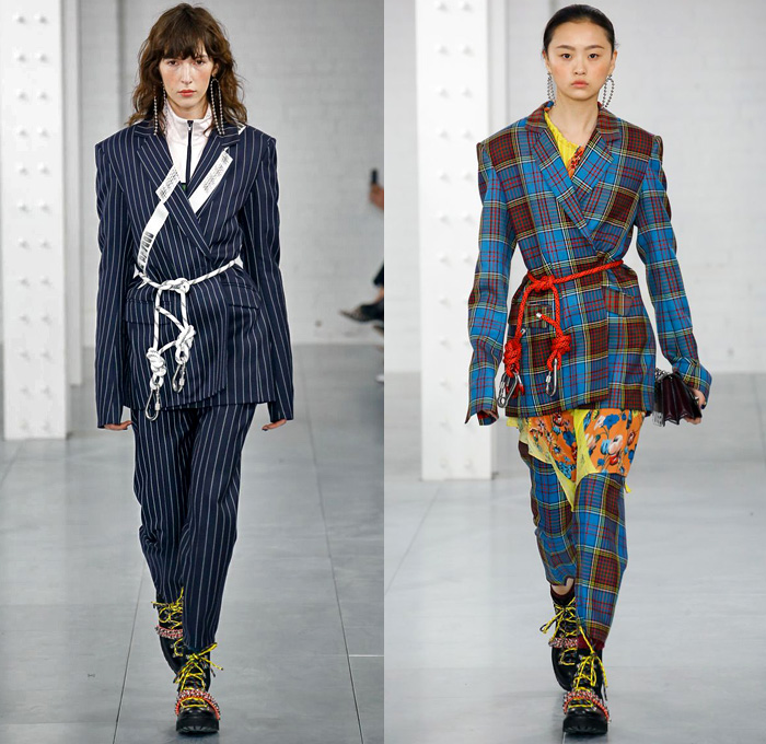 House of Holland 2018-2019 Fall Autumn Winter Womens Runway Catwalk Looks - London Fashion Week Collections UK - Denim Jeans Half Split Hybrid Combo Panel Zippers Cutout Shoulders Frayed Outerwear Parka Quilted Puffer Down Bubble Coat Pantsuit Knit Sweater Stripes Polka Dots Flowers Floral Cinch Pleats Fringes Tie Up Rope Waist Paint Brushstroke Plaid Tartan Check Camouflage Asymmetrical Hem Dress Miniskirt Wide Leg Boots Varsity Scarf Clutch Purse Loafers Baseball Cap