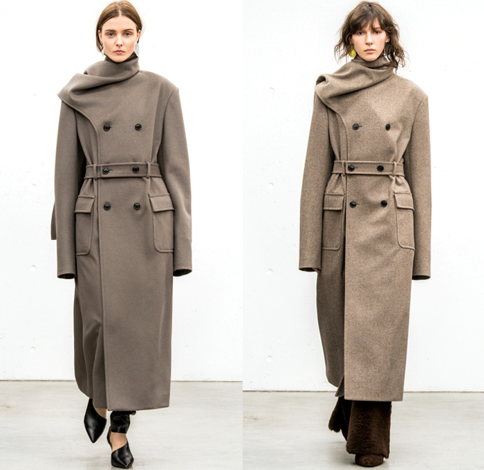 HYKE 2018-2019 Fall Winter Womens Lookbook Presentation - Amazon Fashion Week Tokyo Japan AmazonFWT - The North Face Collaboration Oversized Outerwear Trench Coat Overcoat Peacoat Draped Neck Elongated Sleeves Wool Bomber Jacket Parka Anorak Nylon Neck Arm Warmesr Quilted Puffer Plush Fur Shearling Chunky Knit Sweaterdress Turtleneck Accordion Pleats Asymmetrical Hem PVC Vinyl Pleather Skirt Over Pants Socks Furry Shoes High Slit Tote Handbag Scarf