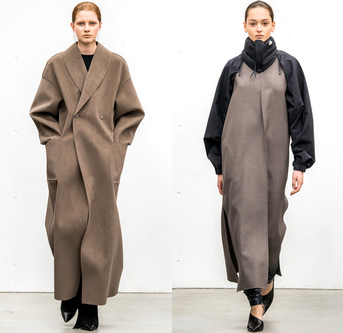 HYKE 2018-2019 Fall Winter Womens Lookbook Presentation - Amazon Fashion Week Tokyo Japan AmazonFWT - The North Face Collaboration Oversized Outerwear Trench Coat Overcoat Peacoat Draped Neck Elongated Sleeves Wool Bomber Jacket Parka Anorak Nylon Neck Arm Warmesr Quilted Puffer Plush Fur Shearling Chunky Knit Sweaterdress Turtleneck Accordion Pleats Asymmetrical Hem PVC Vinyl Pleather Skirt Over Pants Socks Furry Shoes High Slit Tote Handbag Scarf