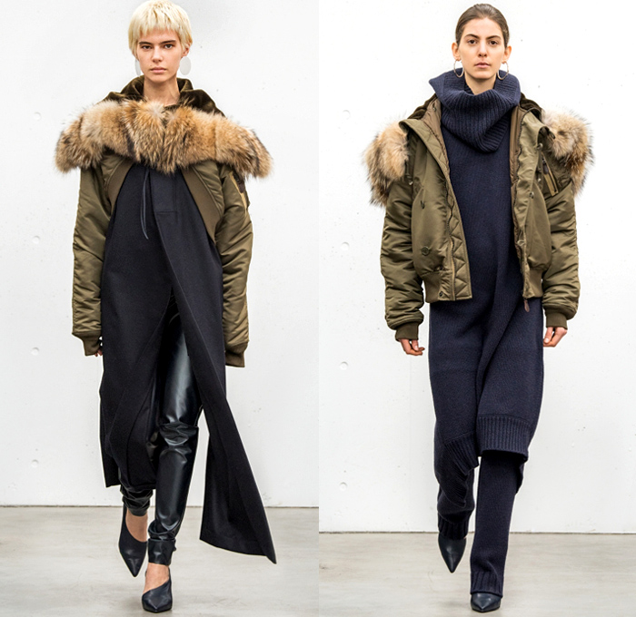 HYKE 2018-2019 Fall Winter Womens Lookbook Presentation - Amazon Fashion Week Tokyo Japan AmazonFWT - The North Face Collaboration Oversized Outerwear Trench Coat Overcoat Peacoat Draped Neck Elongated Sleeves Wool Bomber Jacket Parka Anorak Nylon Neck Arm Warmesr Quilted Puffer Plush Fur Shearling Chunky Knit Sweaterdress Turtleneck Accordion Pleats Asymmetrical Hem PVC Vinyl Pleather Skirt Over Pants Socks Furry Shoes High Slit Tote Handbag Scarf