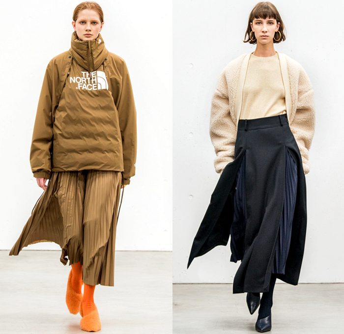 HYKE 2018-2019 Fall Winter Womens Lookbook Presentation - Amazon Fashion Week Tokyo Japan AmazonFWT - The North Face Collaboration Oversized Outerwear Trench Coat Overcoat Peacoat Draped Neck Elongated Sleeves Wool Bomber Jacket Parka Anorak Nylon Neck Arm Warmesr Quilted Puffer Plush Fur Shearling Chunky Knit Sweaterdress Turtleneck Accordion Pleats Asymmetrical Hem PVC Vinyl Pleather Skirt Over Pants Socks Furry Shoes High Slit Tote Handbag Scarf