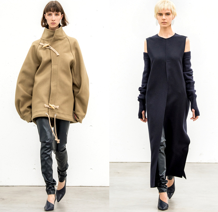 HYKE 2018-2019 Fall Winter Womens Lookbook Presentation - Amazon Fashion Week Tokyo Japan AmazonFWT - The North Face Collaboration Oversized Outerwear Trench Coat Overcoat Peacoat Draped Neck Elongated Sleeves Wool Bomber Jacket Parka Anorak Nylon Neck Arm Warmesr Quilted Puffer Plush Fur Shearling Chunky Knit Sweaterdress Turtleneck Accordion Pleats Asymmetrical Hem PVC Vinyl Pleather Skirt Over Pants Socks Furry Shoes High Slit Tote Handbag Scarf