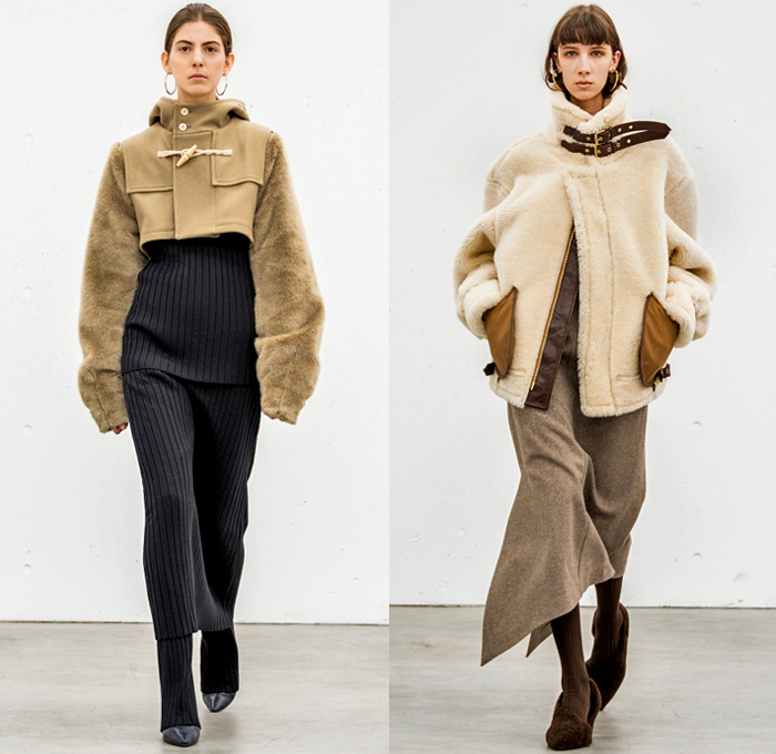 HYKE 2018-2019 Fall Winter Womens Lookbook Presentation - Amazon Fashion Week Tokyo Japan AmazonFWT - The North Face Collaboration Oversized Outerwear Trench Coat Overcoat Peacoat Draped Neck Elongated Sleeves Wool Bomber Jacket Parka Anorak Nylon Neck Arm Warmesr Quilted Puffer Plush Fur Shearling Chunky Knit Sweaterdress Turtleneck Accordion Pleats Asymmetrical Hem PVC Vinyl Pleather Skirt Over Pants Socks Furry Shoes High Slit Tote Handbag Scarf