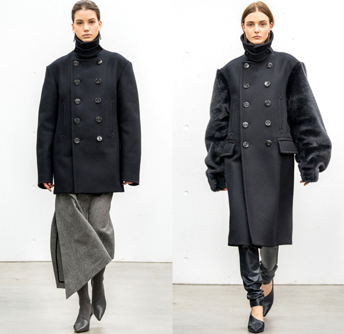 HYKE 2018-2019 Fall Winter Womens Lookbook Presentation - Amazon Fashion Week Tokyo Japan AmazonFWT - The North Face Collaboration Oversized Outerwear Trench Coat Overcoat Peacoat Draped Neck Elongated Sleeves Wool Bomber Jacket Parka Anorak Nylon Neck Arm Warmesr Quilted Puffer Plush Fur Shearling Chunky Knit Sweaterdress Turtleneck Accordion Pleats Asymmetrical Hem PVC Vinyl Pleather Skirt Over Pants Socks Furry Shoes High Slit Tote Handbag Scarf