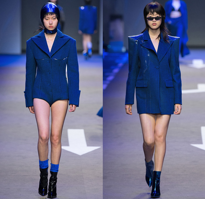 I LOVE PRETTY 2018-2019 Fall Winter Womens Runway Catwalk Looks Shanghai Fashion Week China - Fur Coat Blazerdress Unitard Bell Curved Sleeves Onesie Jumpsuit Pointed Frankenstein One Shoulder Bandeau Sweater Noodle Strap Corset Bustier Pantsuit Wool Shirtdress Sequins Plastic Check Cobalt Blue Satin License Plates PVC Vinyl Velvet Steering Wheel Dress Wide Palazzo Pants Hotpants Asymmetrical Hem Skirt Moto Biker Pants Helmet Swim Cap Sunglasses Boots Gloves Fanny Pack Waist Pouch Belt Bum Bag