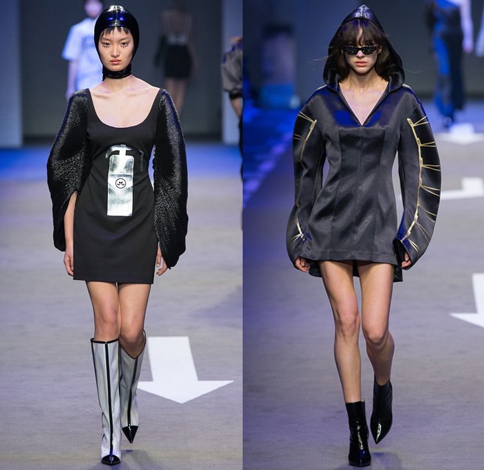 I LOVE PRETTY 2018-2019 Fall Winter Womens Runway Catwalk Looks Shanghai Fashion Week China - Fur Coat Blazerdress Unitard Bell Curved Sleeves Onesie Jumpsuit Pointed Frankenstein One Shoulder Bandeau Sweater Noodle Strap Corset Bustier Pantsuit Wool Shirtdress Sequins Plastic Check Cobalt Blue Satin License Plates PVC Vinyl Velvet Steering Wheel Dress Wide Palazzo Pants Hotpants Asymmetrical Hem Skirt Moto Biker Pants Helmet Swim Cap Sunglasses Boots Gloves Fanny Pack Waist Pouch Belt Bum Bag