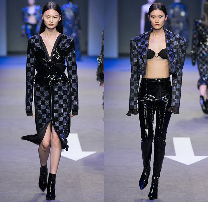 I LOVE PRETTY 2018-2019 Fall Winter Womens Runway Catwalk Looks Shanghai Fashion Week China - Fur Coat Blazerdress Unitard Bell Curved Sleeves Onesie Jumpsuit Pointed Frankenstein One Shoulder Bandeau Sweater Noodle Strap Corset Bustier Pantsuit Wool Shirtdress Sequins Plastic Check Cobalt Blue Satin License Plates PVC Vinyl Velvet Steering Wheel Dress Wide Palazzo Pants Hotpants Asymmetrical Hem Skirt Moto Biker Pants Helmet Swim Cap Sunglasses Boots Gloves Fanny Pack Waist Pouch Belt Bum Bag