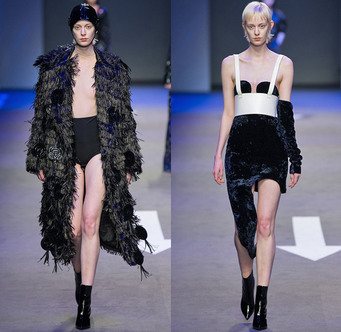 I LOVE PRETTY 2018-2019 Fall Winter Womens Runway Catwalk Looks Shanghai Fashion Week China - Fur Coat Blazerdress Unitard Bell Curved Sleeves Onesie Jumpsuit Pointed Frankenstein One Shoulder Bandeau Sweater Noodle Strap Corset Bustier Pantsuit Wool Shirtdress Sequins Plastic Check Cobalt Blue Satin License Plates PVC Vinyl Velvet Steering Wheel Dress Wide Palazzo Pants Hotpants Asymmetrical Hem Skirt Moto Biker Pants Helmet Swim Cap Sunglasses Boots Gloves Fanny Pack Waist Pouch Belt Bum Bag