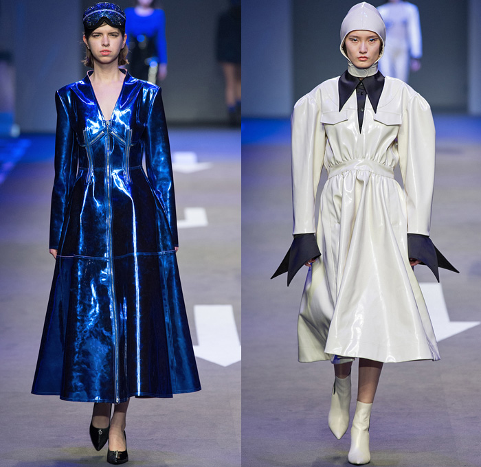 I LOVE PRETTY 2018-2019 Fall Winter Womens Runway Catwalk Looks Shanghai Fashion Week China - Fur Coat Blazerdress Unitard Bell Curved Sleeves Onesie Jumpsuit Pointed Frankenstein One Shoulder Bandeau Sweater Noodle Strap Corset Bustier Pantsuit Wool Shirtdress Sequins Plastic Check Cobalt Blue Satin License Plates PVC Vinyl Velvet Steering Wheel Dress Wide Palazzo Pants Hotpants Asymmetrical Hem Skirt Moto Biker Pants Helmet Swim Cap Sunglasses Boots Gloves Fanny Pack Waist Pouch Belt Bum Bag