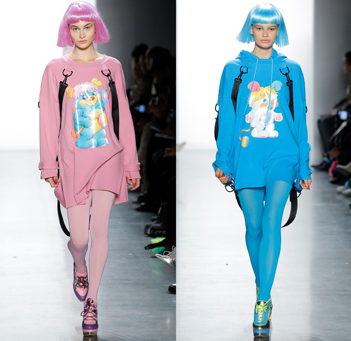 Jeremy Scott 2018-2019 Fall Autumn Winter Womens Runway Catwalk Looks - New York Fashion Week NYFW - Sci-fi Movie Popples Bears Straps Belts Quilted Puffer Gold Silver Velvet Fur Geometric Patchwork Bedazzled Gemstones Sequins Sheer Satin Coat Bomber Jacket Crop Top Midriff Bralette Tabard Anorak Knit Turtleneck Sweaterdress Cutout Bib Denim Jeans Miniskirt Tights Stockings Cargo Pockets Jogger Sweatpants Hotpants Onesie Playsuit Culottes Lamp Skirt Wig Tote Bag Arctic Boots Sunglasses