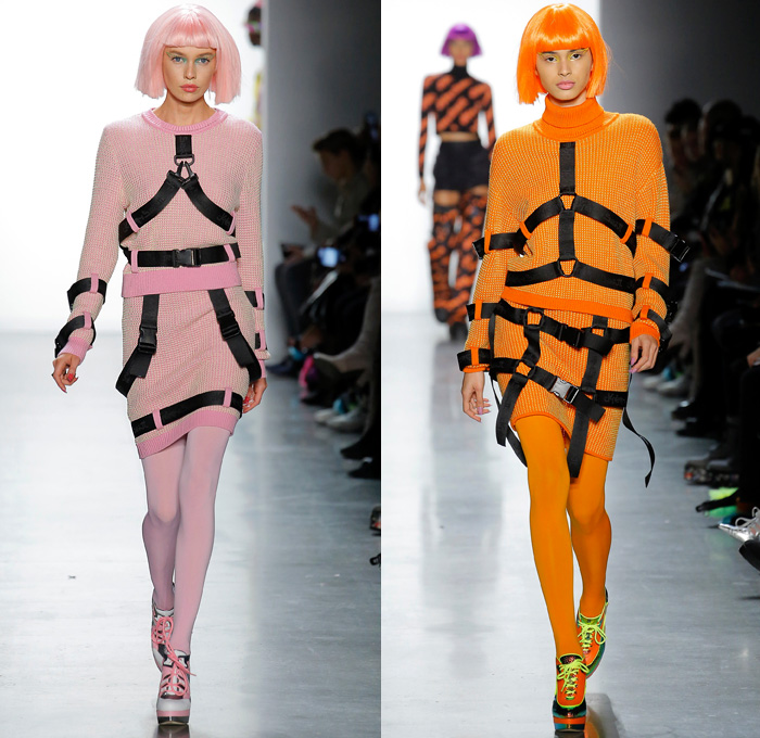 Jeremy Scott 2018-2019 Fall Autumn Winter Womens Runway Catwalk Looks - New York Fashion Week NYFW - Sci-fi Movie Popples Bears Straps Belts Quilted Puffer Gold Silver Velvet Fur Geometric Patchwork Bedazzled Gemstones Sequins Sheer Satin Coat Bomber Jacket Crop Top Midriff Bralette Tabard Anorak Knit Turtleneck Sweaterdress Cutout Bib Denim Jeans Miniskirt Tights Stockings Cargo Pockets Jogger Sweatpants Hotpants Onesie Playsuit Culottes Lamp Skirt Wig Tote Bag Arctic Boots Sunglasses