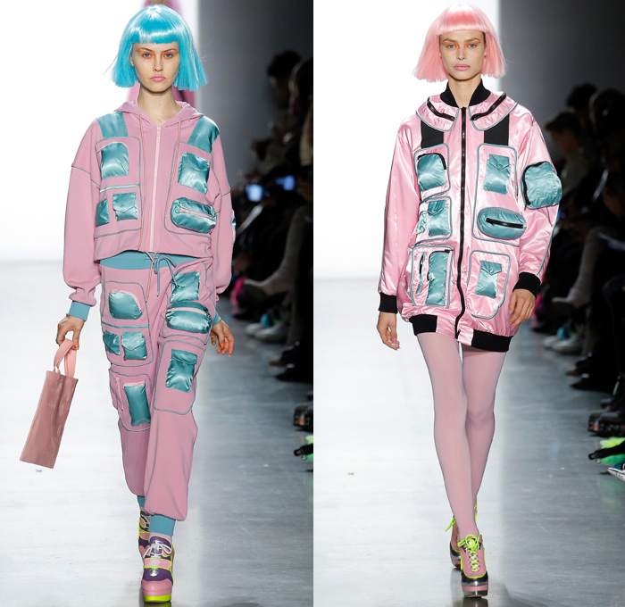 Jeremy Scott 2018-2019 Fall Autumn Winter Womens Runway Catwalk Looks - New York Fashion Week NYFW - Sci-fi Movie Popples Bears Straps Belts Quilted Puffer Gold Silver Velvet Fur Geometric Patchwork Bedazzled Gemstones Sequins Sheer Satin Coat Bomber Jacket Crop Top Midriff Bralette Tabard Anorak Knit Turtleneck Sweaterdress Cutout Bib Denim Jeans Miniskirt Tights Stockings Cargo Pockets Jogger Sweatpants Hotpants Onesie Playsuit Culottes Lamp Skirt Wig Tote Bag Arctic Boots Sunglasses