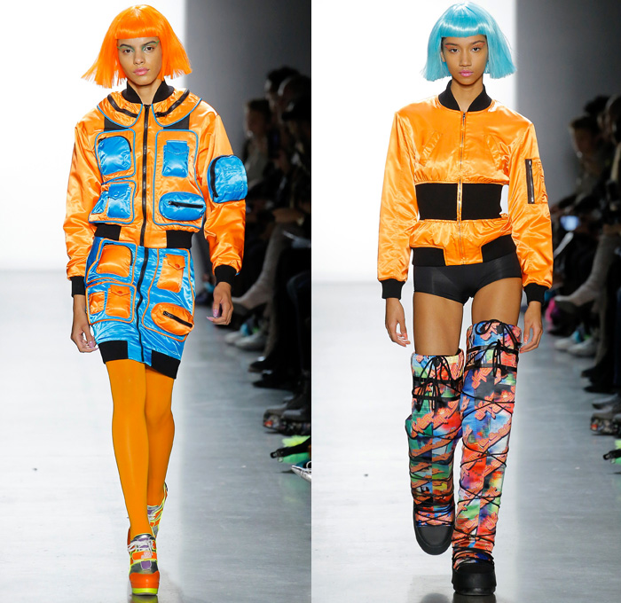 Jeremy Scott 2018-2019 Fall Autumn Winter Womens Runway Catwalk Looks - New York Fashion Week NYFW - Sci-fi Movie Popples Bears Straps Belts Quilted Puffer Gold Silver Velvet Fur Geometric Patchwork Bedazzled Gemstones Sequins Sheer Satin Coat Bomber Jacket Crop Top Midriff Bralette Tabard Anorak Knit Turtleneck Sweaterdress Cutout Bib Denim Jeans Miniskirt Tights Stockings Cargo Pockets Jogger Sweatpants Hotpants Onesie Playsuit Culottes Lamp Skirt Wig Tote Bag Arctic Boots Sunglasses