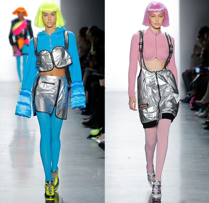 Jeremy Scott 2018-2019 Fall Autumn Winter Womens Runway Catwalk Looks - New York Fashion Week NYFW - Sci-fi Movie Popples Bears Straps Belts Quilted Puffer Gold Silver Velvet Fur Geometric Patchwork Bedazzled Gemstones Sequins Sheer Satin Coat Bomber Jacket Crop Top Midriff Bralette Tabard Anorak Knit Turtleneck Sweaterdress Cutout Bib Denim Jeans Miniskirt Tights Stockings Cargo Pockets Jogger Sweatpants Hotpants Onesie Playsuit Culottes Lamp Skirt Wig Tote Bag Arctic Boots Sunglasses