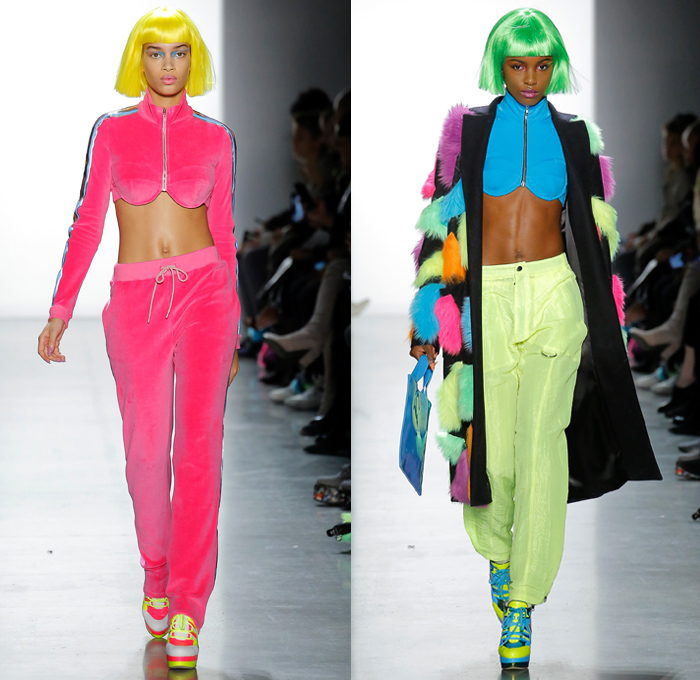 Jeremy Scott 2018-2019 Fall Autumn Winter Womens Runway Catwalk Looks - New York Fashion Week NYFW - Sci-fi Movie Popples Bears Straps Belts Quilted Puffer Gold Silver Velvet Fur Geometric Patchwork Bedazzled Gemstones Sequins Sheer Satin Coat Bomber Jacket Crop Top Midriff Bralette Tabard Anorak Knit Turtleneck Sweaterdress Cutout Bib Denim Jeans Miniskirt Tights Stockings Cargo Pockets Jogger Sweatpants Hotpants Onesie Playsuit Culottes Lamp Skirt Wig Tote Bag Arctic Boots Sunglasses