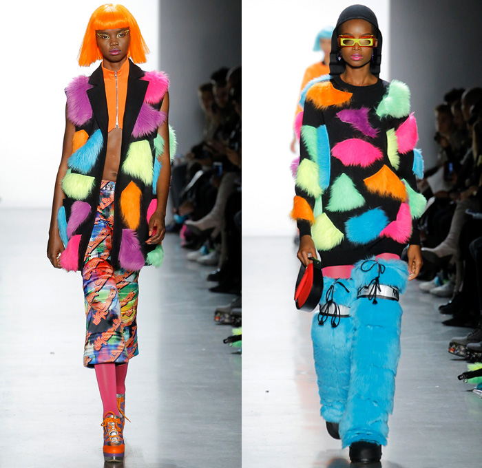 Jeremy Scott 2018-2019 Fall Autumn Winter Womens Runway Catwalk Looks - New York Fashion Week NYFW - Sci-fi Movie Popples Bears Straps Belts Quilted Puffer Gold Silver Velvet Fur Geometric Patchwork Bedazzled Gemstones Sequins Sheer Satin Coat Bomber Jacket Crop Top Midriff Bralette Tabard Anorak Knit Turtleneck Sweaterdress Cutout Bib Denim Jeans Miniskirt Tights Stockings Cargo Pockets Jogger Sweatpants Hotpants Onesie Playsuit Culottes Lamp Skirt Wig Tote Bag Arctic Boots Sunglasses