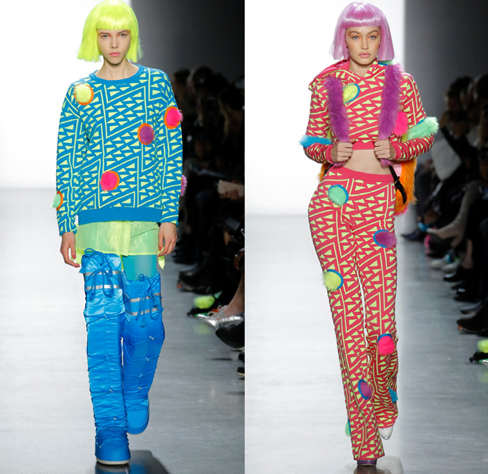 Jeremy Scott 2018-2019 Fall Autumn Winter Womens Runway Catwalk Looks - New York Fashion Week NYFW - Sci-fi Movie Popples Bears Straps Belts Quilted Puffer Gold Silver Velvet Fur Geometric Patchwork Bedazzled Gemstones Sequins Sheer Satin Coat Bomber Jacket Crop Top Midriff Bralette Tabard Anorak Knit Turtleneck Sweaterdress Cutout Bib Denim Jeans Miniskirt Tights Stockings Cargo Pockets Jogger Sweatpants Hotpants Onesie Playsuit Culottes Lamp Skirt Wig Tote Bag Arctic Boots Sunglasses