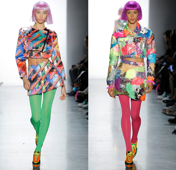 Jeremy Scott 2018-2019 Fall Autumn Winter Womens Runway Catwalk Looks - New York Fashion Week NYFW - Sci-fi Movie Popples Bears Straps Belts Quilted Puffer Gold Silver Velvet Fur Geometric Patchwork Bedazzled Gemstones Sequins Sheer Satin Coat Bomber Jacket Crop Top Midriff Bralette Tabard Anorak Knit Turtleneck Sweaterdress Cutout Bib Denim Jeans Miniskirt Tights Stockings Cargo Pockets Jogger Sweatpants Hotpants Onesie Playsuit Culottes Lamp Skirt Wig Tote Bag Arctic Boots Sunglasses