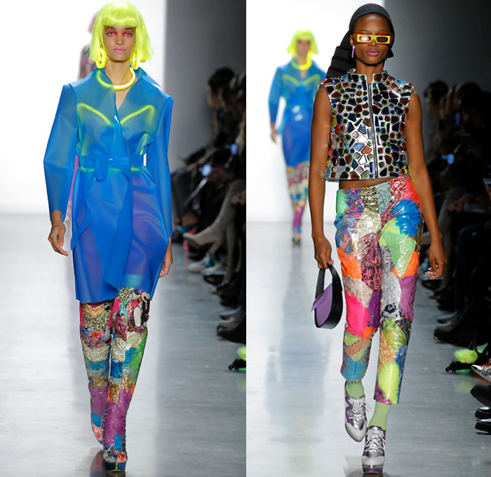 Jeremy Scott 2018-2019 Fall Autumn Winter Womens Runway Catwalk Looks - New York Fashion Week NYFW - Sci-fi Movie Popples Bears Straps Belts Quilted Puffer Gold Silver Velvet Fur Geometric Patchwork Bedazzled Gemstones Sequins Sheer Satin Coat Bomber Jacket Crop Top Midriff Bralette Tabard Anorak Knit Turtleneck Sweaterdress Cutout Bib Denim Jeans Miniskirt Tights Stockings Cargo Pockets Jogger Sweatpants Hotpants Onesie Playsuit Culottes Lamp Skirt Wig Tote Bag Arctic Boots Sunglasses