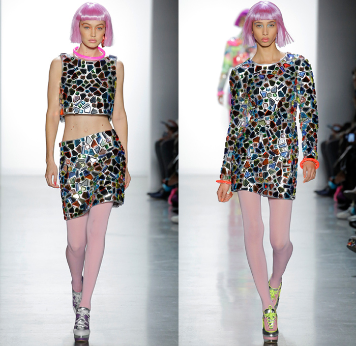 Jeremy Scott 2018-2019 Fall Autumn Winter Womens Runway Catwalk Looks - New York Fashion Week NYFW - Sci-fi Movie Popples Bears Straps Belts Quilted Puffer Gold Silver Velvet Fur Geometric Patchwork Bedazzled Gemstones Sequins Sheer Satin Coat Bomber Jacket Crop Top Midriff Bralette Tabard Anorak Knit Turtleneck Sweaterdress Cutout Bib Denim Jeans Miniskirt Tights Stockings Cargo Pockets Jogger Sweatpants Hotpants Onesie Playsuit Culottes Lamp Skirt Wig Tote Bag Arctic Boots Sunglasses