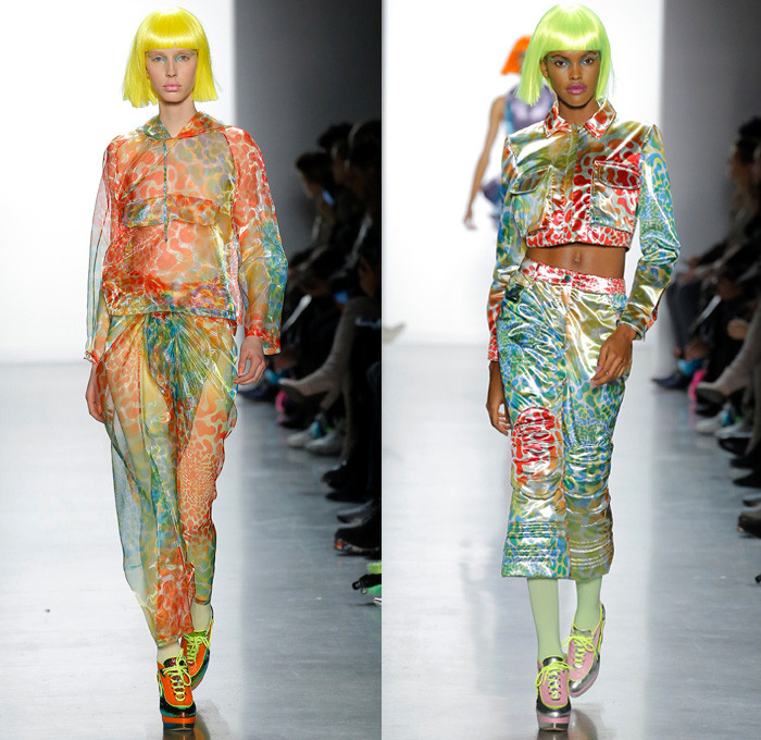 Jeremy Scott 2018-2019 Fall Autumn Winter Womens Runway Catwalk Looks - New York Fashion Week NYFW - Sci-fi Movie Popples Bears Straps Belts Quilted Puffer Gold Silver Velvet Fur Geometric Patchwork Bedazzled Gemstones Sequins Sheer Satin Coat Bomber Jacket Crop Top Midriff Bralette Tabard Anorak Knit Turtleneck Sweaterdress Cutout Bib Denim Jeans Miniskirt Tights Stockings Cargo Pockets Jogger Sweatpants Hotpants Onesie Playsuit Culottes Lamp Skirt Wig Tote Bag Arctic Boots Sunglasses