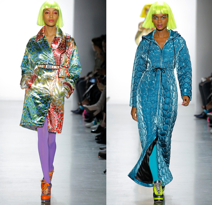 Jeremy Scott 2018-2019 Fall Autumn Winter Womens Runway Catwalk Looks - New York Fashion Week NYFW - Sci-fi Movie Popples Bears Straps Belts Quilted Puffer Gold Silver Velvet Fur Geometric Patchwork Bedazzled Gemstones Sequins Sheer Satin Coat Bomber Jacket Crop Top Midriff Bralette Tabard Anorak Knit Turtleneck Sweaterdress Cutout Bib Denim Jeans Miniskirt Tights Stockings Cargo Pockets Jogger Sweatpants Hotpants Onesie Playsuit Culottes Lamp Skirt Wig Tote Bag Arctic Boots Sunglasses