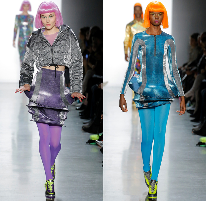 Jeremy Scott 2018-2019 Fall Autumn Winter Womens Runway Catwalk Looks - New York Fashion Week NYFW - Sci-fi Movie Popples Bears Straps Belts Quilted Puffer Gold Silver Velvet Fur Geometric Patchwork Bedazzled Gemstones Sequins Sheer Satin Coat Bomber Jacket Crop Top Midriff Bralette Tabard Anorak Knit Turtleneck Sweaterdress Cutout Bib Denim Jeans Miniskirt Tights Stockings Cargo Pockets Jogger Sweatpants Hotpants Onesie Playsuit Culottes Lamp Skirt Wig Tote Bag Arctic Boots Sunglasses