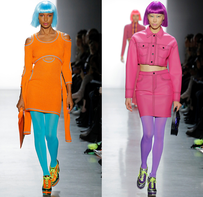 Jeremy Scott 2018-2019 Fall Autumn Winter Womens Runway Catwalk Looks - New York Fashion Week NYFW - Sci-fi Movie Popples Bears Straps Belts Quilted Puffer Gold Silver Velvet Fur Geometric Patchwork Bedazzled Gemstones Sequins Sheer Satin Coat Bomber Jacket Crop Top Midriff Bralette Tabard Anorak Knit Turtleneck Sweaterdress Cutout Bib Denim Jeans Miniskirt Tights Stockings Cargo Pockets Jogger Sweatpants Hotpants Onesie Playsuit Culottes Lamp Skirt Wig Tote Bag Arctic Boots Sunglasses