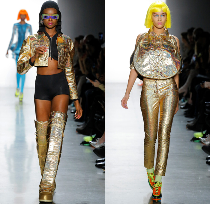 Jeremy Scott 2018-2019 Fall Autumn Winter Womens Runway Catwalk Looks - New York Fashion Week NYFW - Sci-fi Movie Popples Bears Straps Belts Quilted Puffer Gold Silver Velvet Fur Geometric Patchwork Bedazzled Gemstones Sequins Sheer Satin Coat Bomber Jacket Crop Top Midriff Bralette Tabard Anorak Knit Turtleneck Sweaterdress Cutout Bib Denim Jeans Miniskirt Tights Stockings Cargo Pockets Jogger Sweatpants Hotpants Onesie Playsuit Culottes Lamp Skirt Wig Tote Bag Arctic Boots Sunglasses